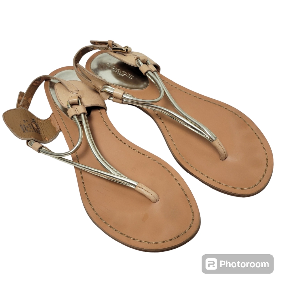 Coach Beige and Metallic Gold Leather T-Strap Sandals - Picture 2 of 16